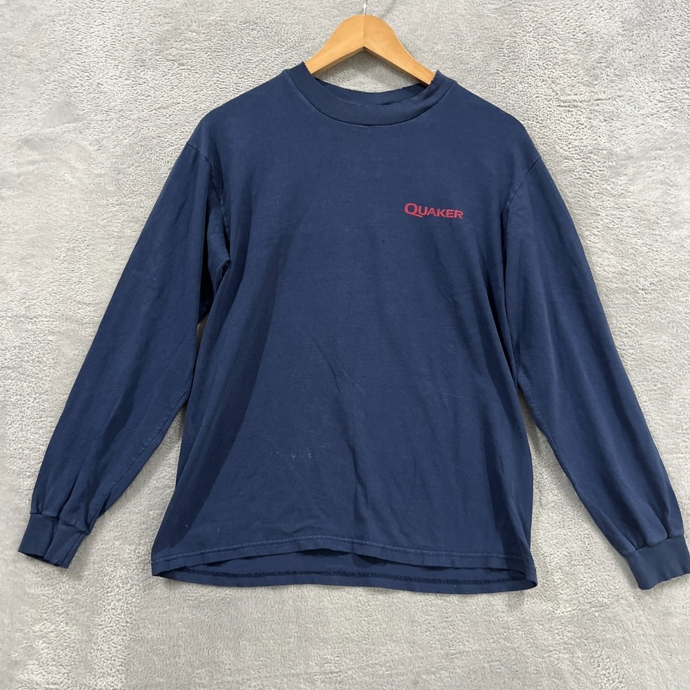 Hanes Beefy-T Vintage Quaker Long Sleeve Shirt Tee Medium Navy Blue Distressed